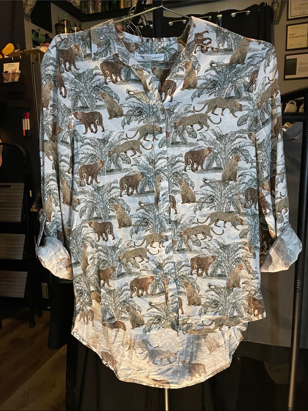 Jane and Delancey Blue Button-Down Shirt with Brown Jungle Cat Print